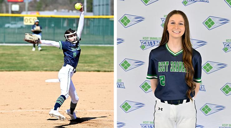 A collage of Carly Collins posing for a headshot and of Carly winding up to throw the ball in the pitching circle